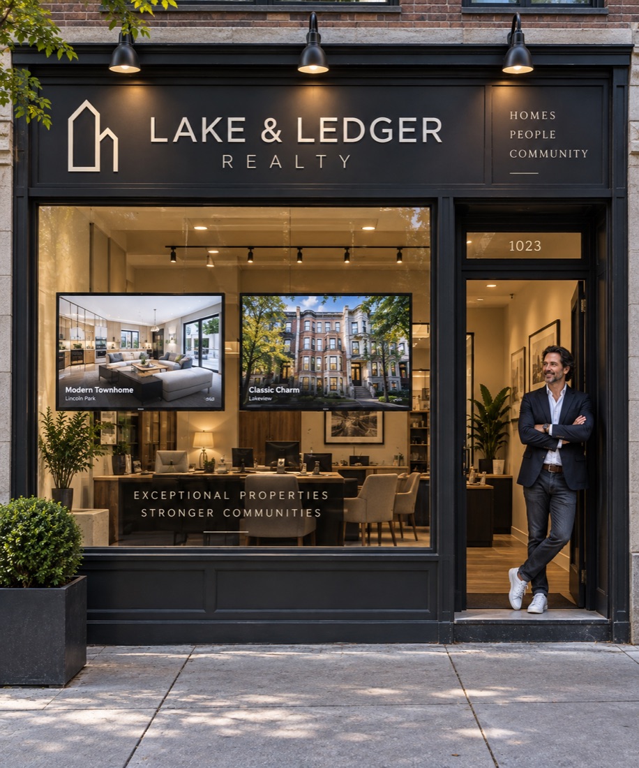 A real estate storefront with two screens in the window and an agent at the door