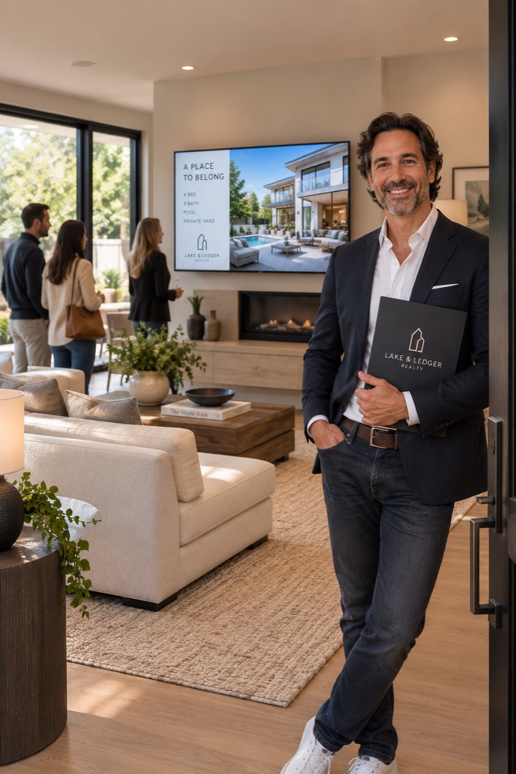 An agent at an open house, with the property on the TV behind him