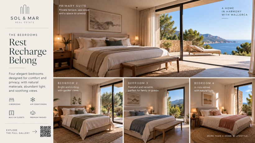A screen showing the four bedrooms of the house, one by one