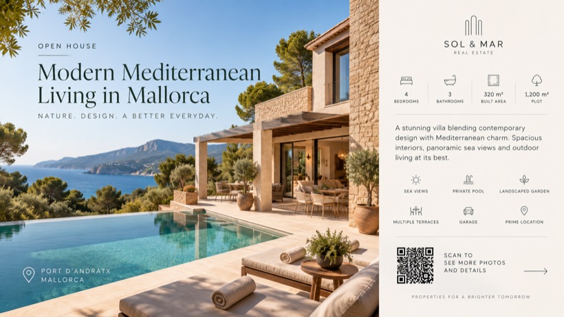 A screen showing the listing of a Mallorca villa with its details and a QR code