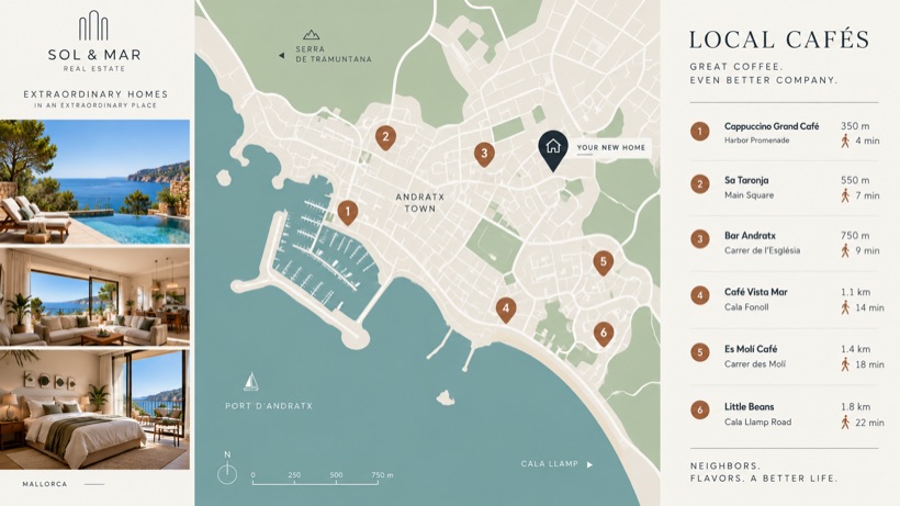 A screen showing a map of the town with the cafés nearby and how long each takes on foot