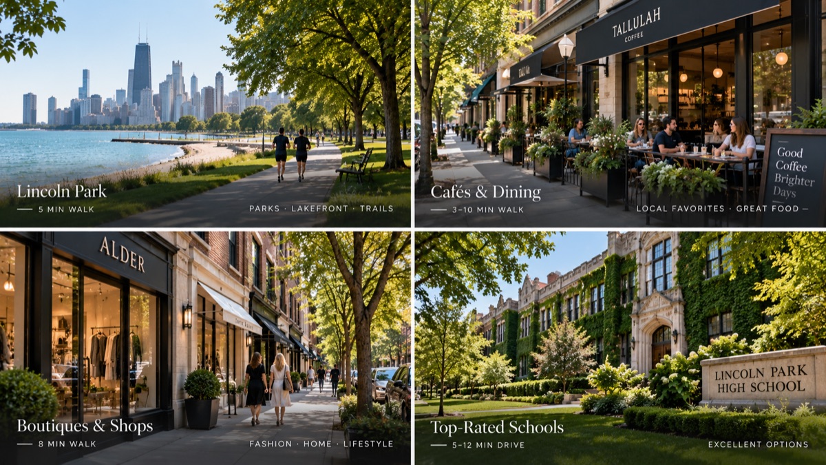A screen showing the neighborhood: the park, the cafés, the shops and the schools