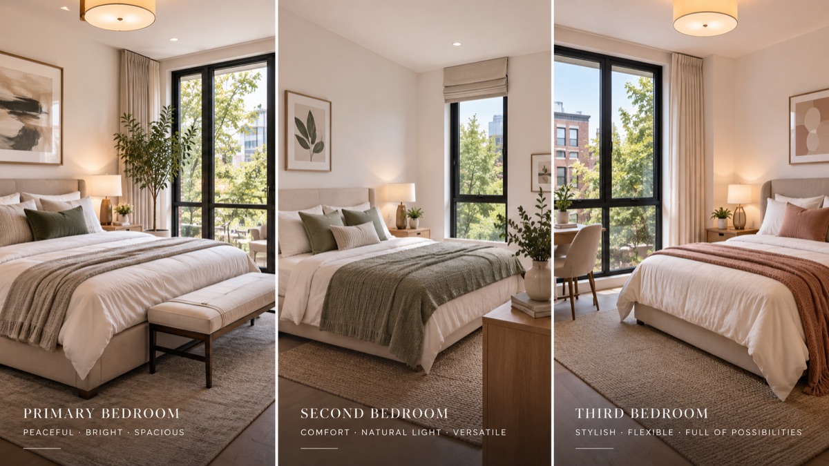 A screen showing the three bedrooms of the house, one next to the other
