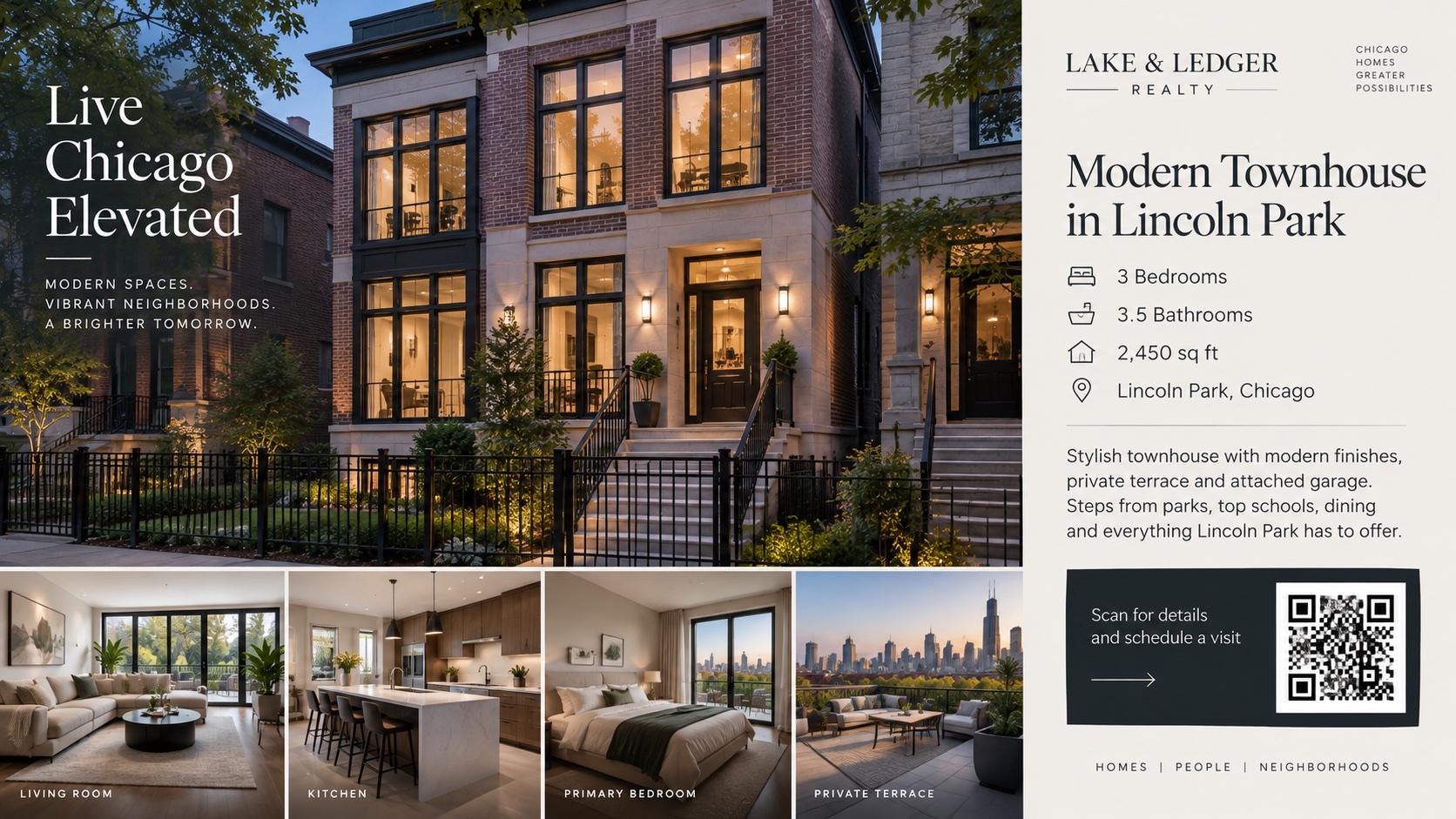 Modern townhouse in Lincoln Park, Chicago, playing on a storefront screen